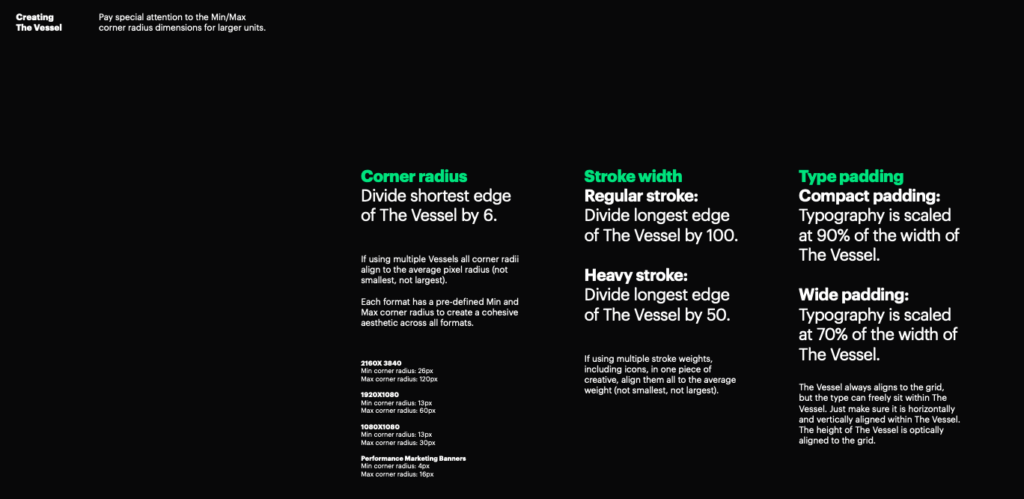 Detailed design specifications for Hulu’s Vessel, including corner radius, stroke width, and typography padding.