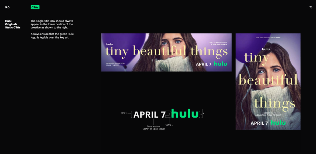 Hulu’s branding guidelines on CTA placement for promotional materials like ‘Tiny Beautiful Things’.
