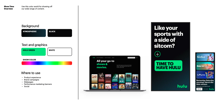 Hulu’s brand color applications in promotional graphics and marketing materials.