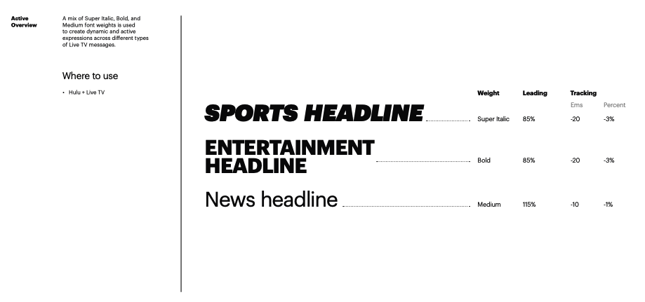 Hulu’s font hierarchy for sports, entertainment, and news headlines.