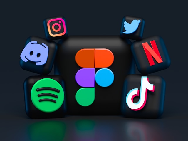 Social media branding icons on a dark background