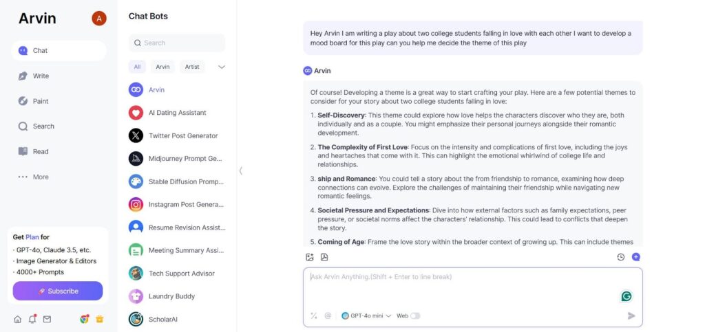 arvin ai assisting in how to write a play 