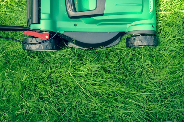 Using a lawn mower to cut the grass