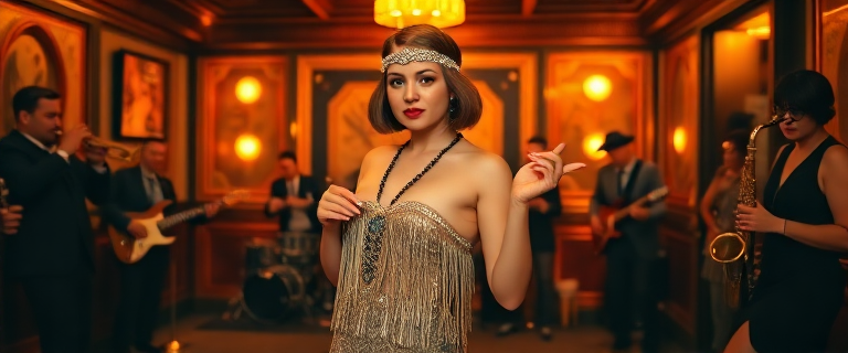 Roaring twenties, flapper at a jazz party, great gatsby style