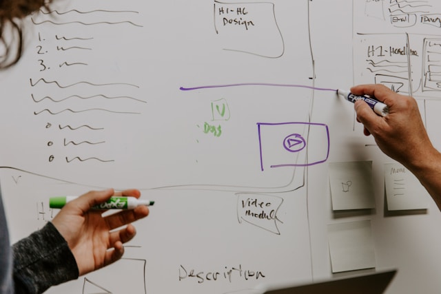 Two marketers planning a campaign on a whiteboard