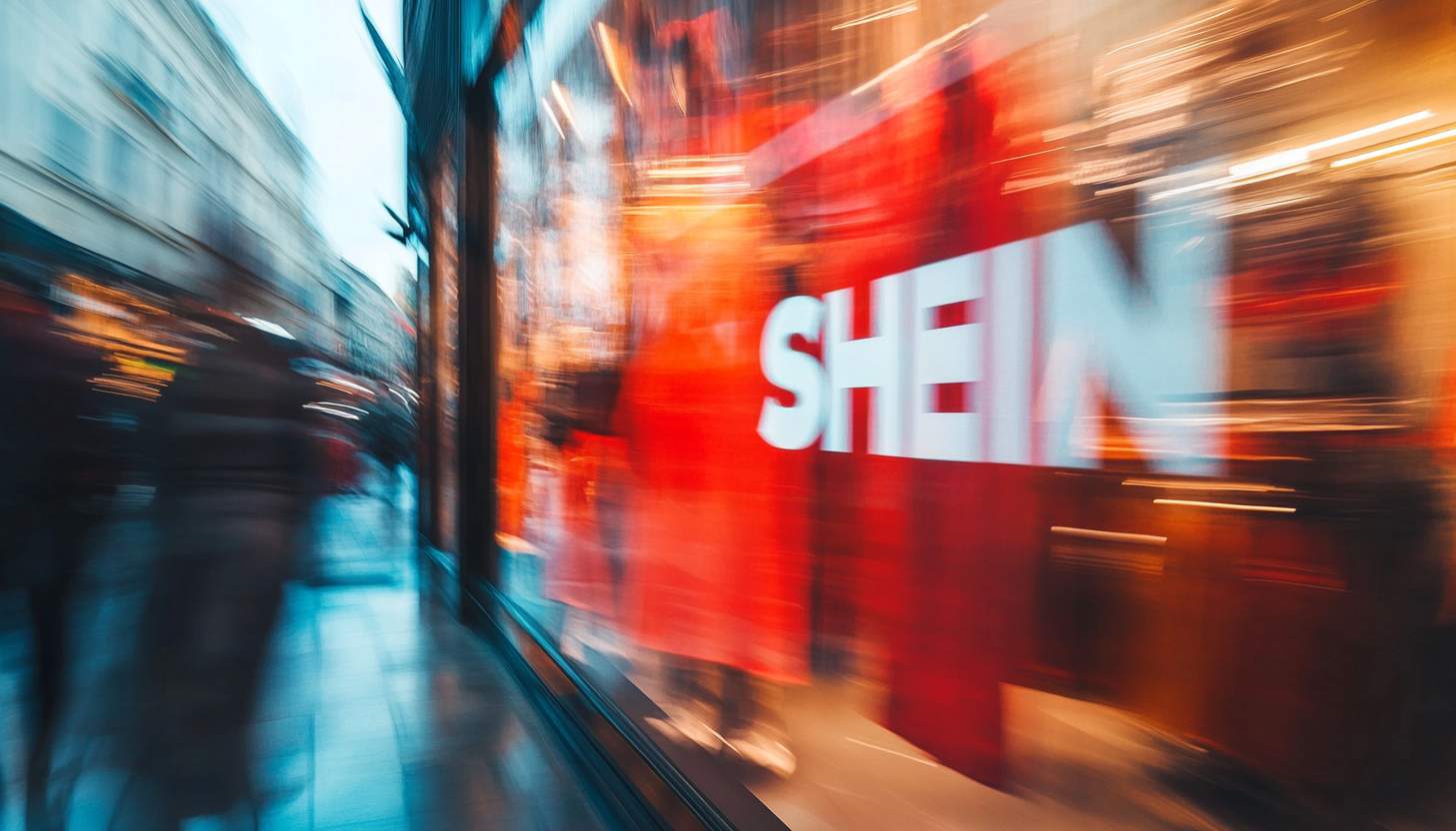 Shein logo on a digital storefront screen with blurred fast-moving fashion items, symbolizing the rapid pace of ultra-fast fashion in 2025.