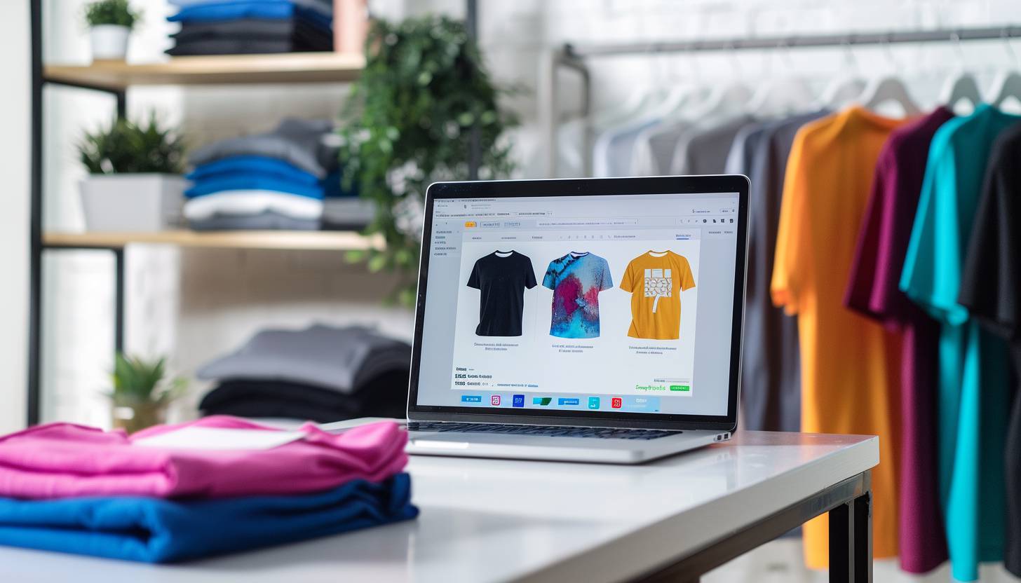 A laptop displaying t-shirt design software with a customizable t-shirt template, surrounded by neatly folded printed shirts on a clean table.