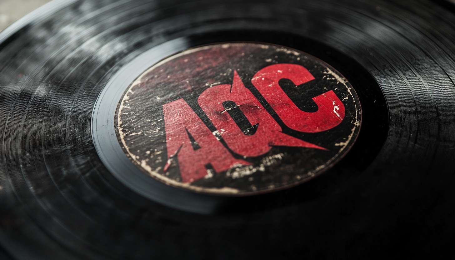 Close-up of a vintage AC/DC vinyl record cover, highlighting the bold and iconic AC/DC logo, symbolizing the band's lasting impact on rock music.