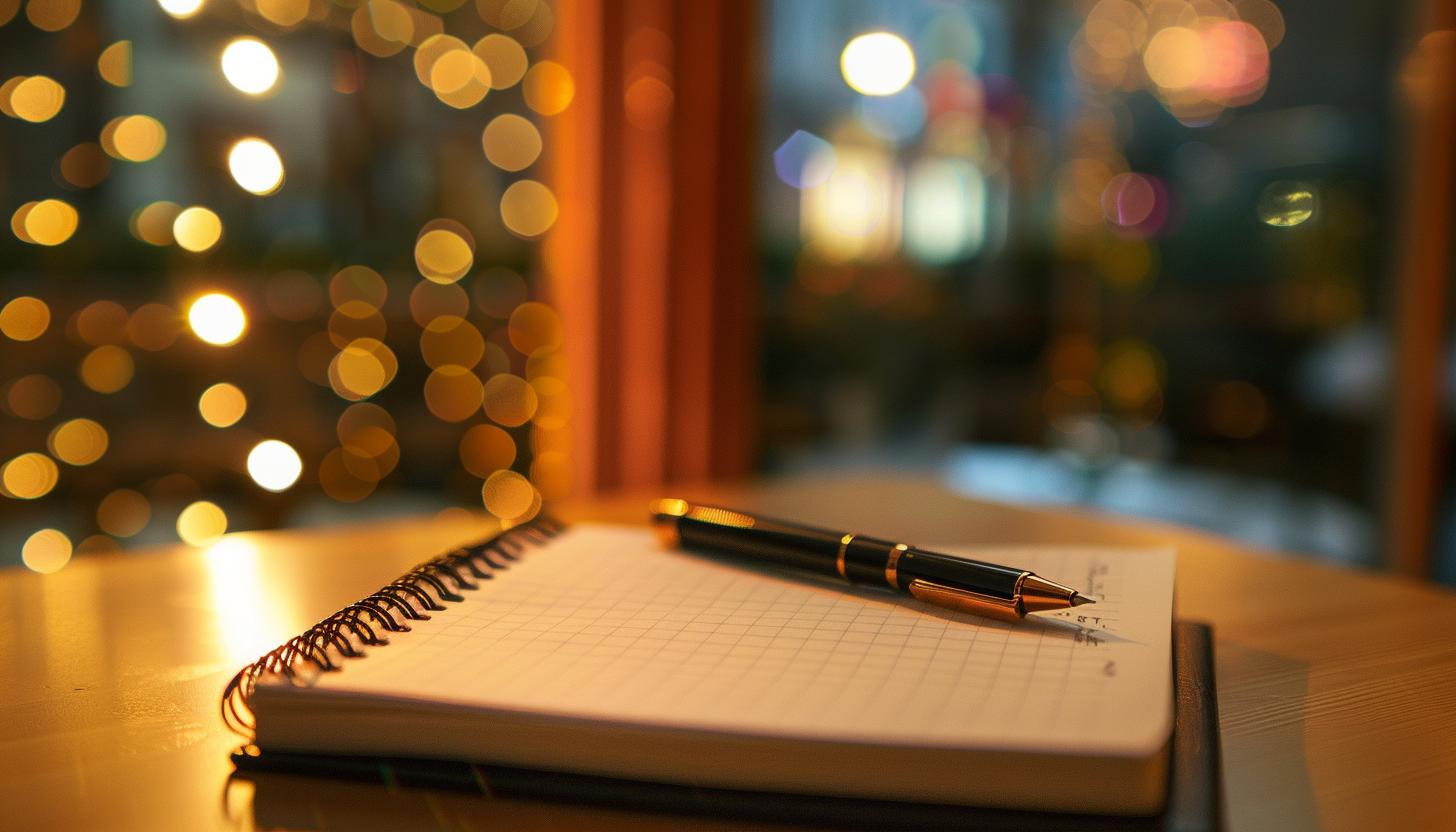 Minimalistic desk setup with a notepad and pen for brainstorming, accompanied by blurred business charts in the background.