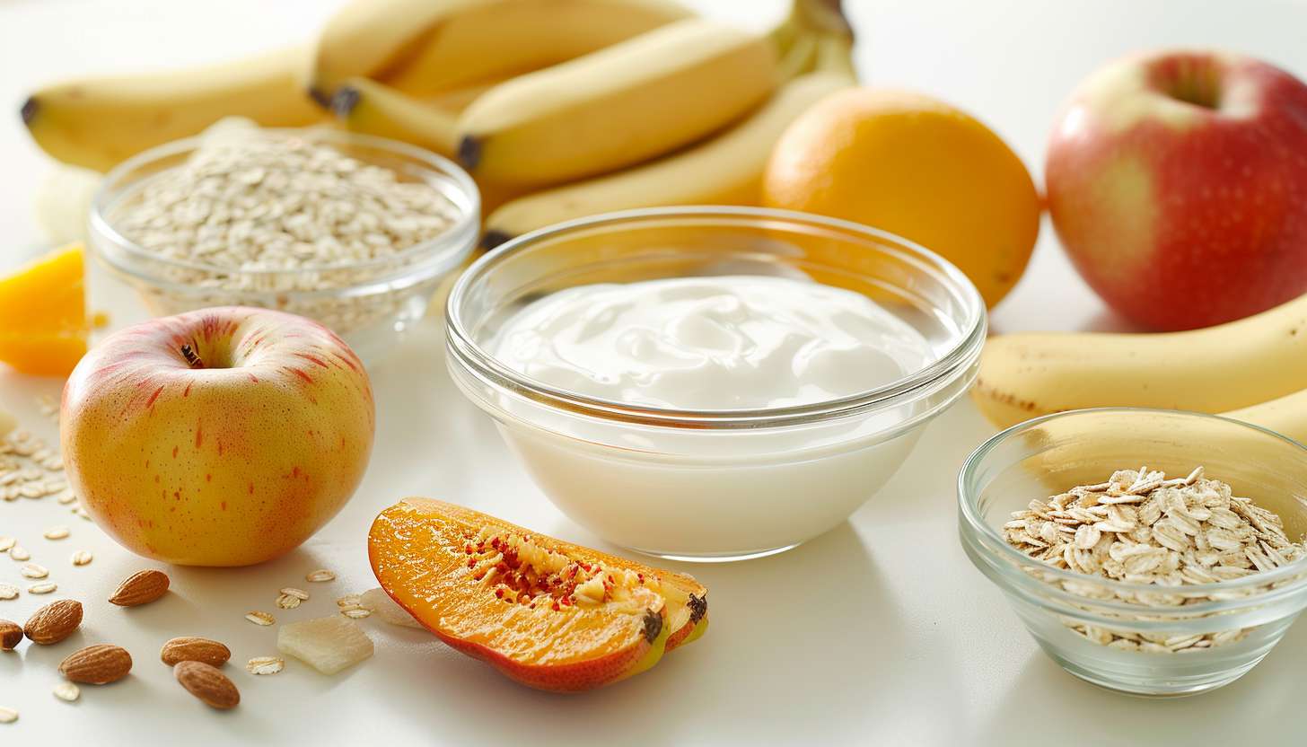 Flat lay of fresh yogurt in a bowl with fruits and grains on a white table, representing simplicity and wholesome ingredients.
