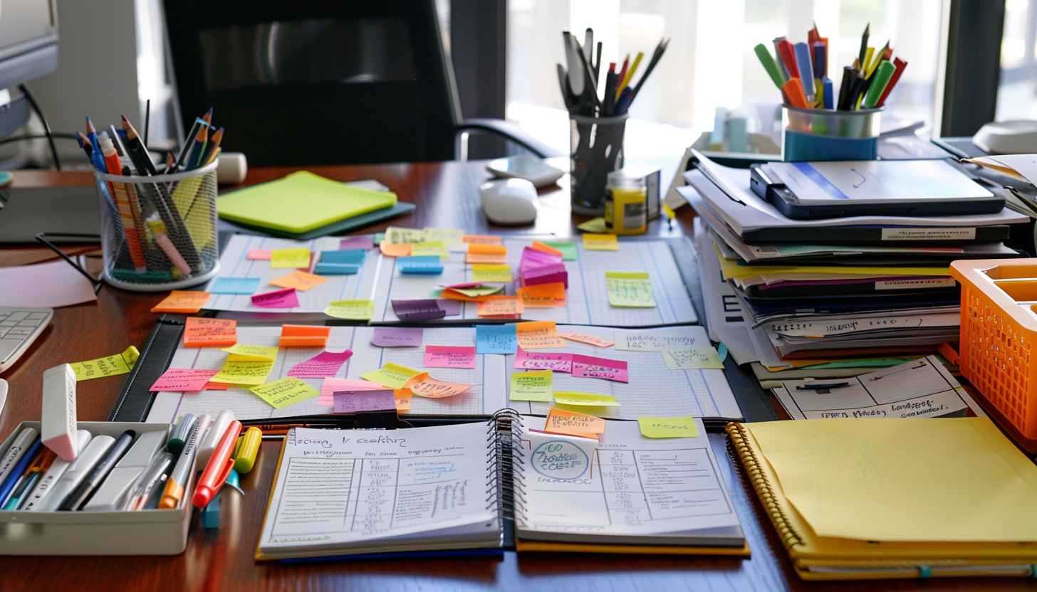 Structured notebook on a tidy desk with sticky notes and markers, representing brainstorming, planning, and mission vs vision templates.