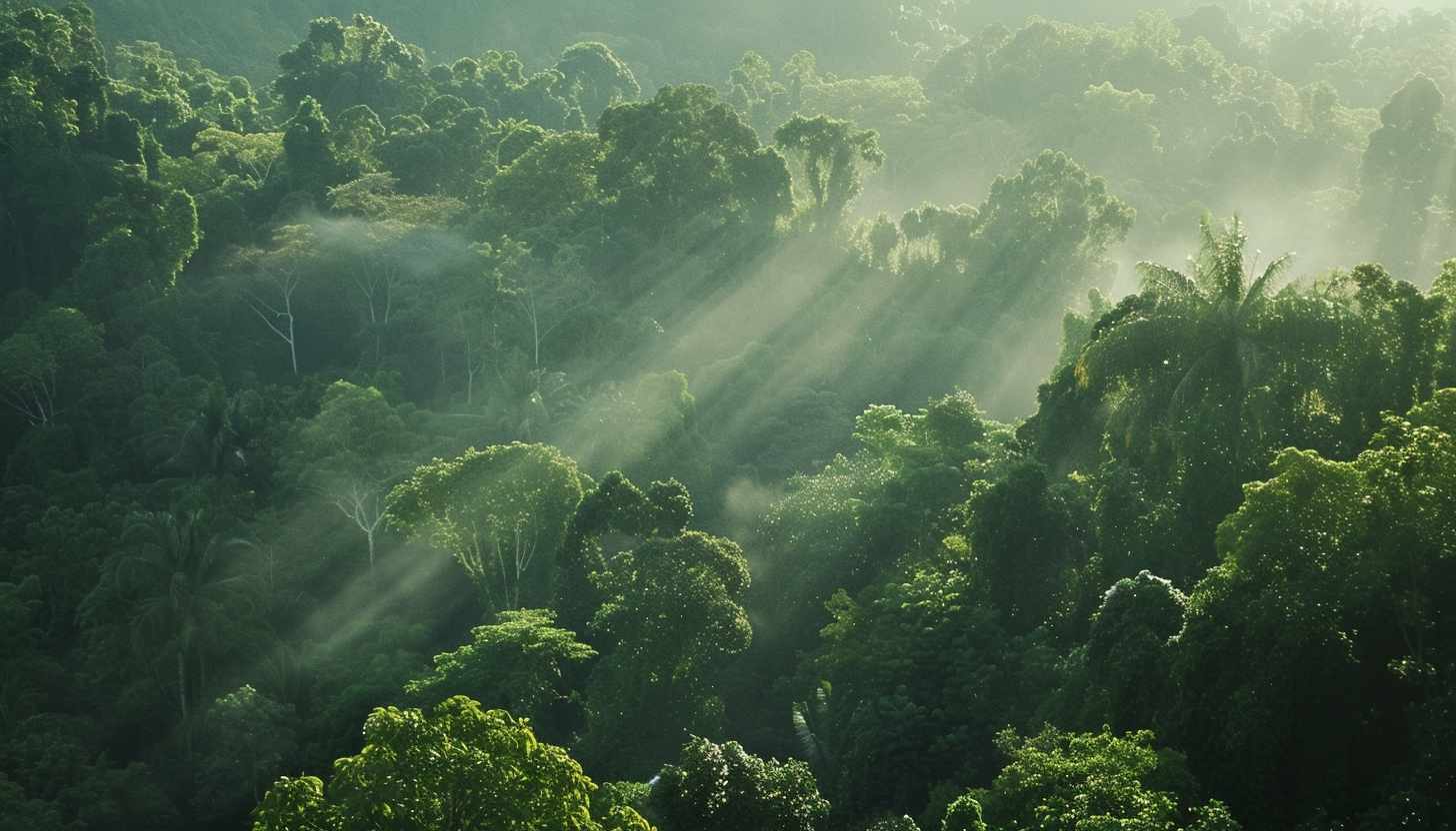 Lush green forests with sunlight filtering through trees, symbolizing sustainability, eco-consciousness, and environmental commitment.