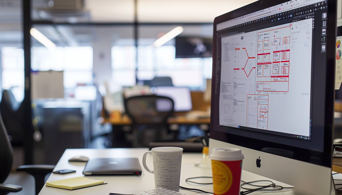 Office workspace with computer displaying a flowchart and a coffee cup, emphasizing a professional and actionable environment.