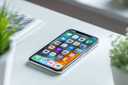 Colorful AI-generated app icons on smartphone screen in minimal IOS workspace, highlighting watermark-free design options