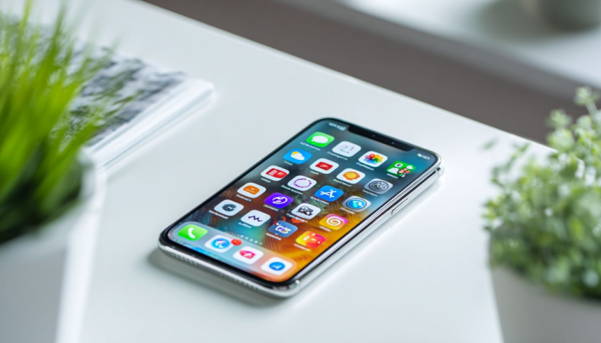 Colorful AI-generated app icons on smartphone screen in minimal IOS workspace, highlighting watermark-free design options