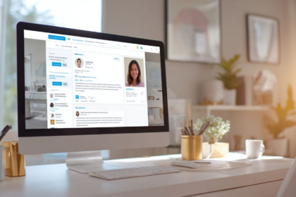 LinkedIn profile with AI-generated professional headshot on a computer screen in a minimalist home office, suitable for career networking