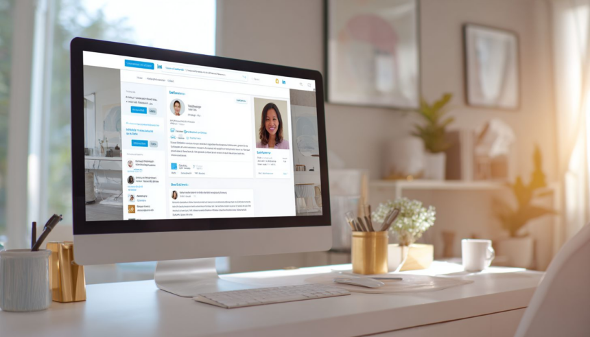 LinkedIn profile with AI-generated professional headshot on a computer screen in a minimalist home office, suitable for career networking