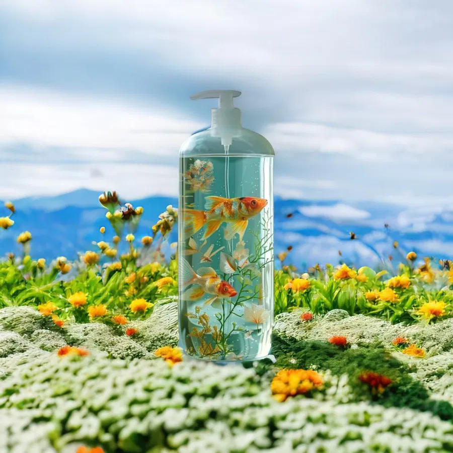 Clear soap bottle mockup with goldfish, placed on moss and colorful flowers under a bright blue sky, generated by AI using a prompt.