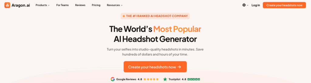 Aragon.AI homepage highlighting its claim as the world’s most popular AI headshot generator with studio-quality results.