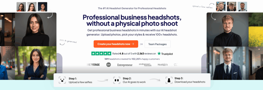 HeadShotPro homepage showing AI business headshot generator with photo examples and 3-step process for quick results.