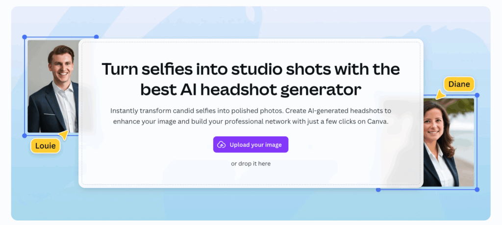 Canva AI headshot generator interface showing polished studio-style portraits created from selfies with upload option.