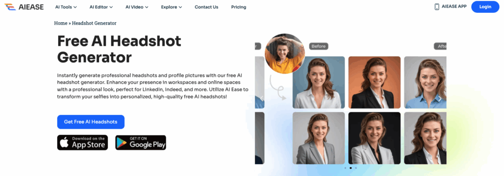 AI Ease homepage showcasing its free AI headshot generator with selfie uploads and multiple professional photo outputs.