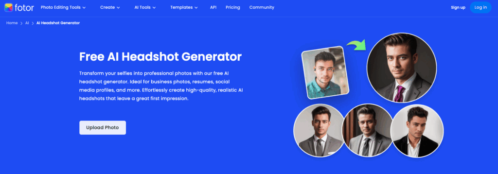 Fotor AI Headshot Generator homepage showing example headshots and selfie-to-professional photo transformation feature.
