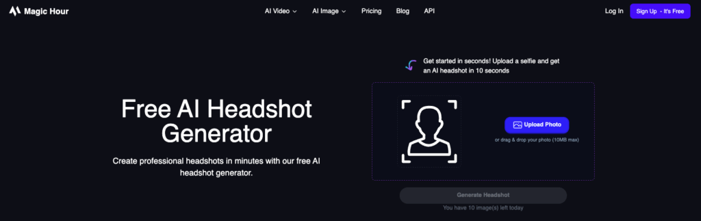 Magic Hour AI homepage promoting its free AI headshot generator that creates professional photos from selfies in 10 seconds.