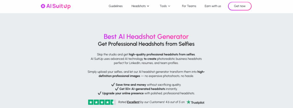 AI SuitUp website promoting its AI headshot generator that transforms selfies into high-definition professional portraits instantly.