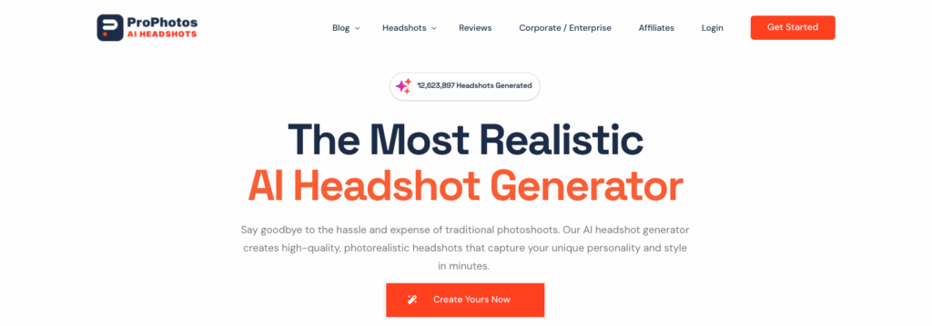 Homepage of ProPhotos AI Headshots highlighting its claim as the most realistic AI headshot generator with fast results.