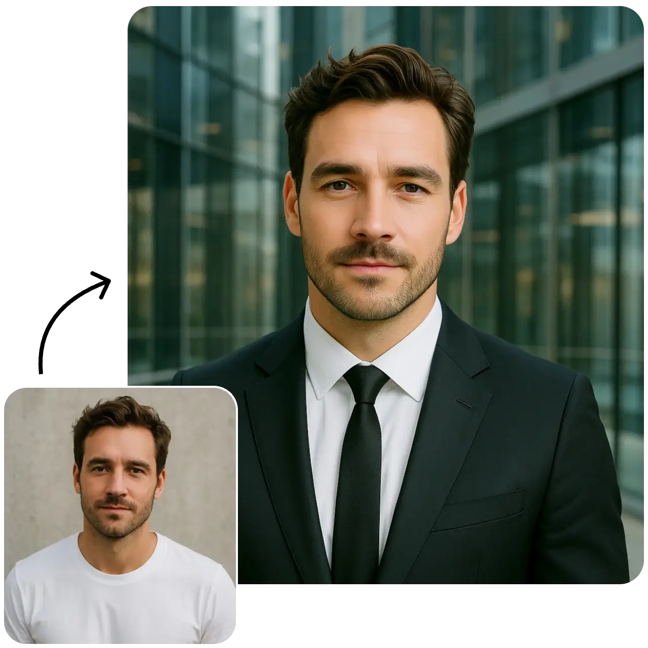 Before and after photos of a man turned into AI headshots created by Arvin